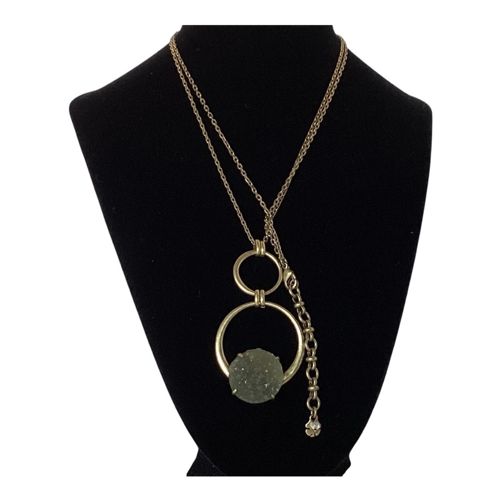 Lucky Brand Gold Tone Gray Druzy Stone Double Ring Circular Pendant Necklace